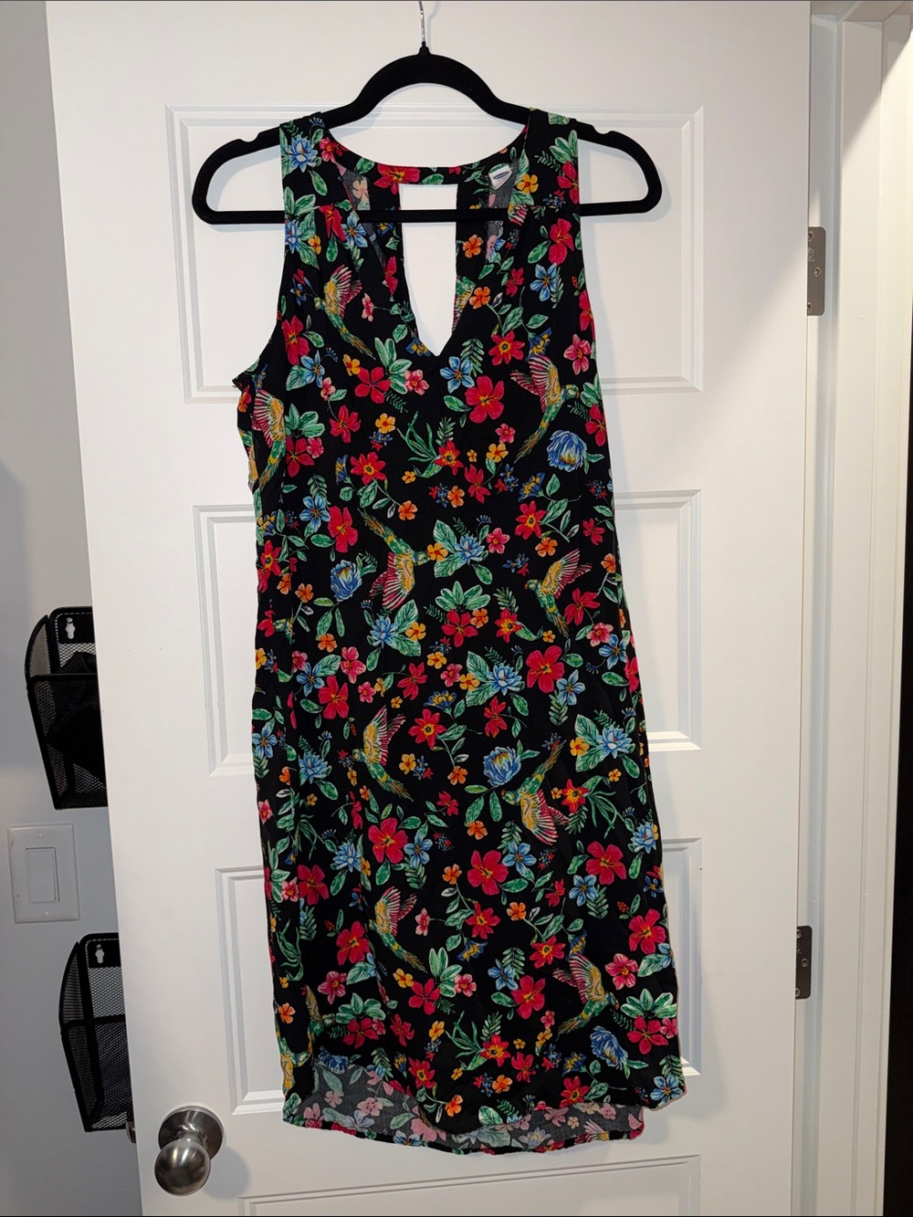 Floral Keyhole Sleeveless Dress - Black with Multicolor Flowers & Birds